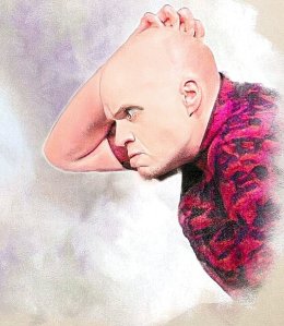 A stylized portrait of a bald man with a serious expression, holding his head with one hand while wearing a patterned shirt.