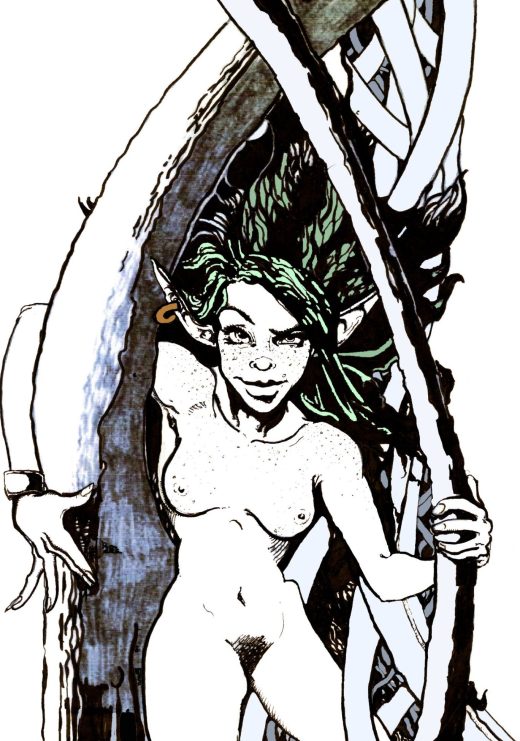 Fantasy nature sprite living between blades of grass, drawn by Josh C. Crawford