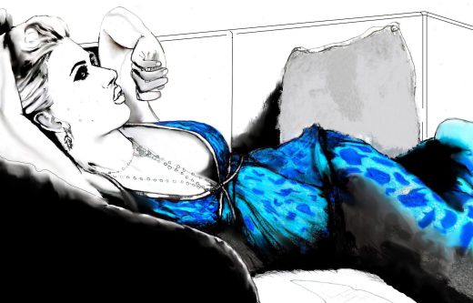 Stylized portrait study of Scarlett Johansson reclining on a couch, drawn by Josh C. Crawford