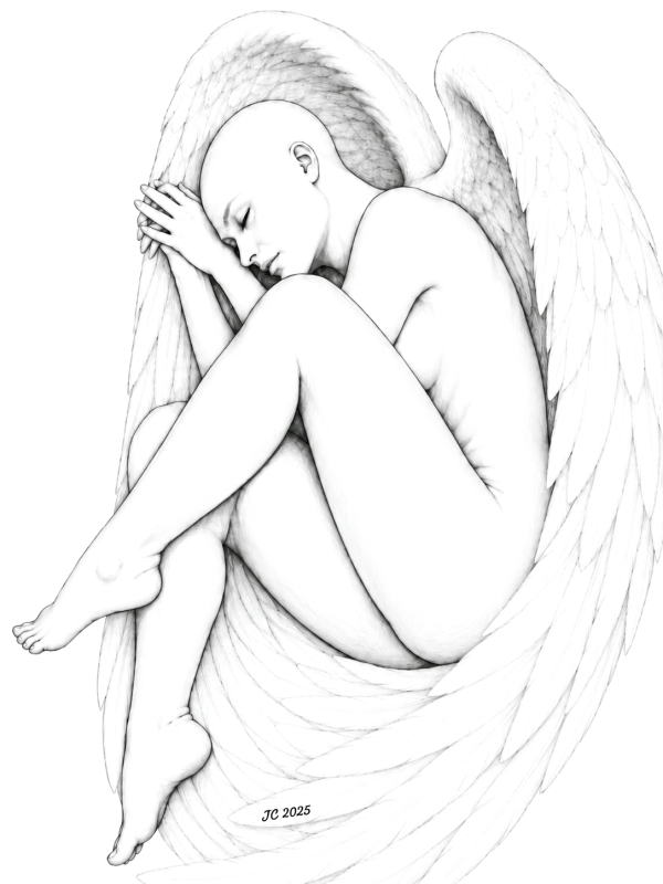 Lost, a 2025 pencil drawing by Josh C. Crawford of a solitary winged figure curled inward and sheltered by her feathers.