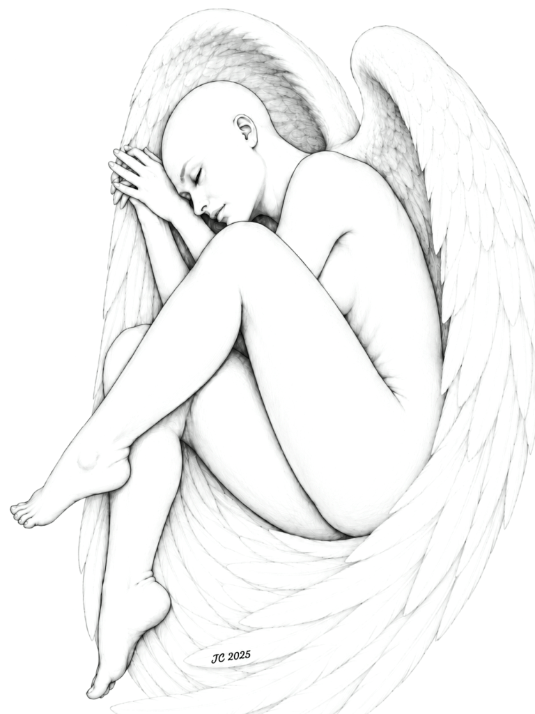 Lost, a 2025 pencil drawing by Josh C. Crawford of a solitary winged figure curled inward and sheltered by her feathers.