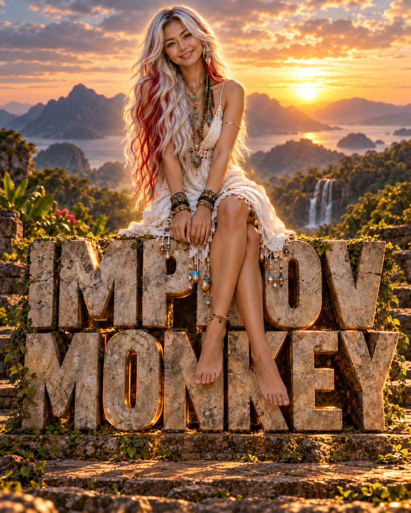 Improv Monkey creative image with a smiling woman seated on large Improv Monkey lettering at sunset