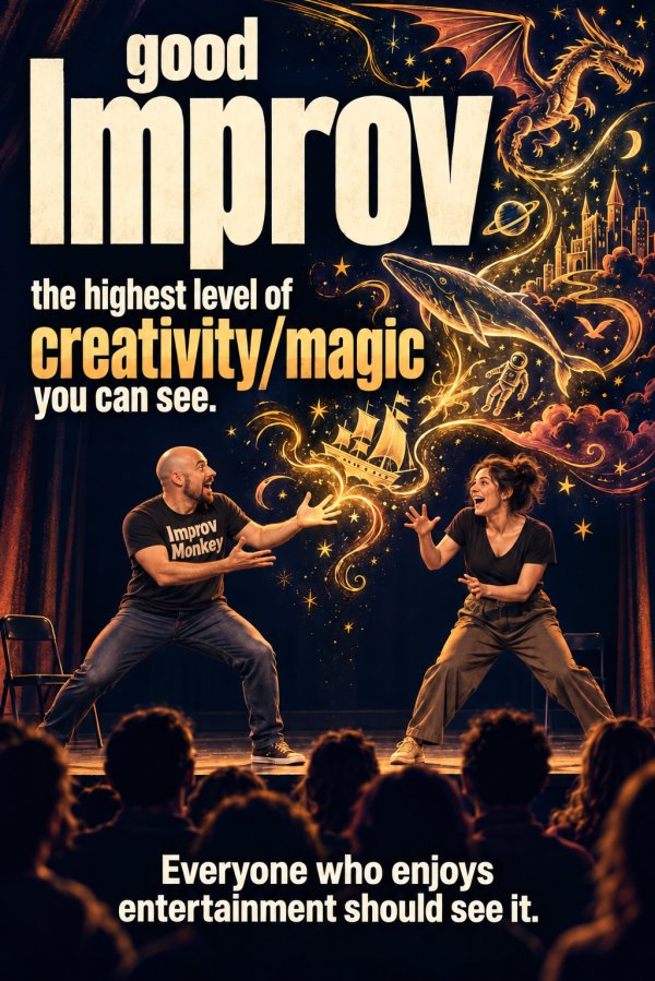 Improv performers on stage beneath artwork reading good improv is the highest level of creativity and magic you can see