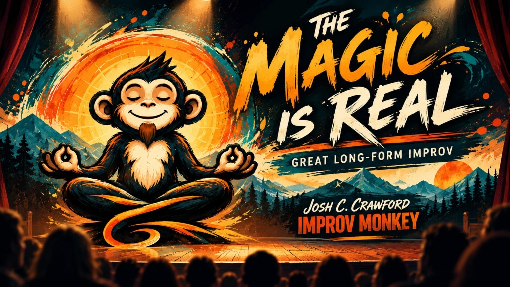 The Magic Is Real, a retro orange and deep teal Improv Monkey illustration featuring a meditating monkey with goatee onstage under lights, promoting great long-form improv