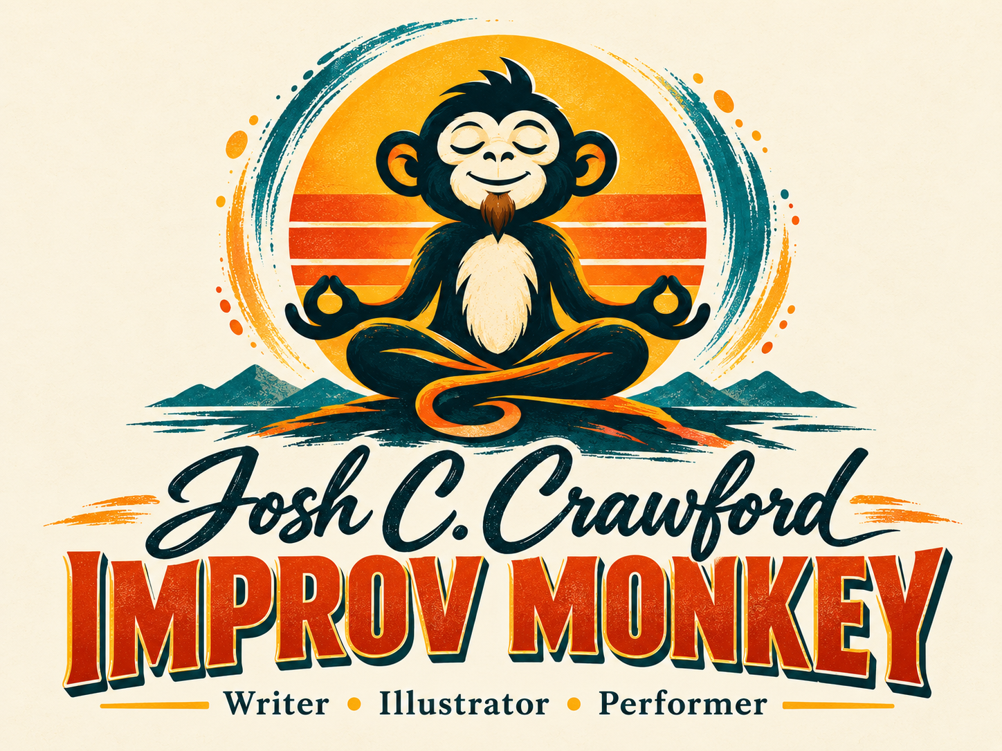 Improv Monkey logo featuring a goateed meditating monkey and sunset artwork, representing Josh C. Crawford's improv brand